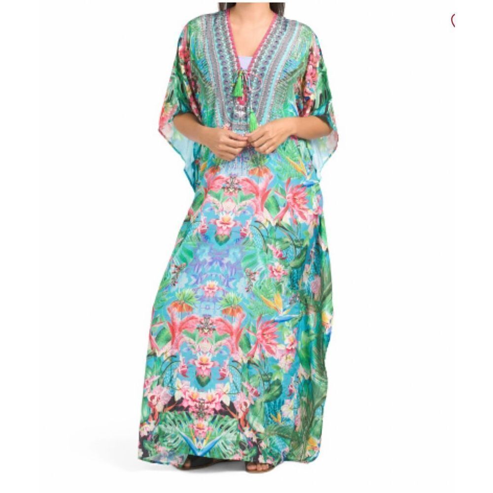 Eden Garden Maxi multi color Long Kaftan tie up neck NWT one size